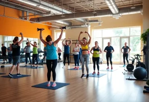 Inside view of Bdefined Fitness studio with clients in a dynamic workout session