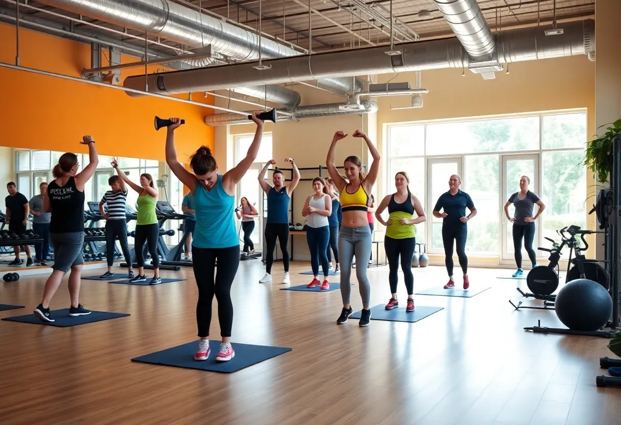 Inside view of Bdefined Fitness studio with clients in a dynamic workout session