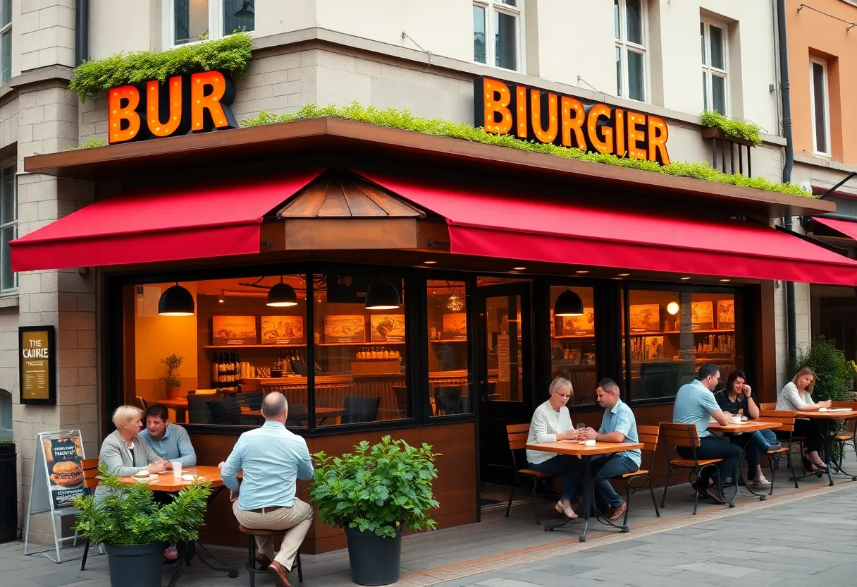 Exterior view of Burgers on the Edge restaurant with outdoor seating