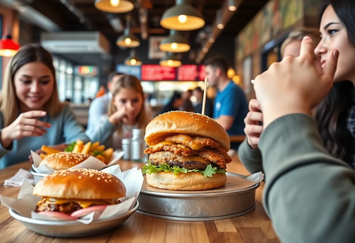 Interior view of Burgers on the Edge restaurant with burgers and sandwiches on display