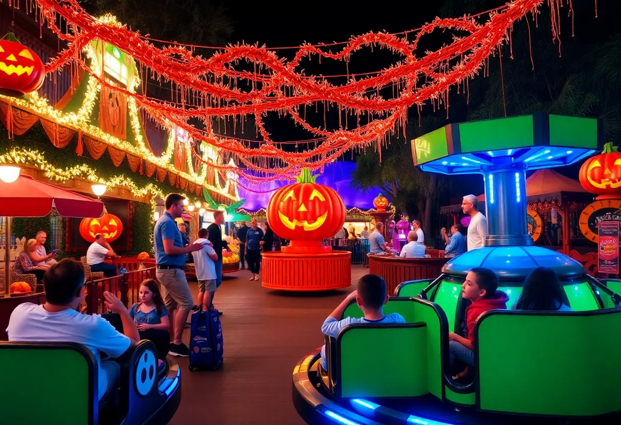 Families enjoying the Howl-O-Scream event at Busch Gardens with Halloween decorations