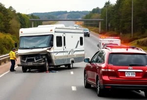 Accident scene with a camper and damaged vehicle on a highway