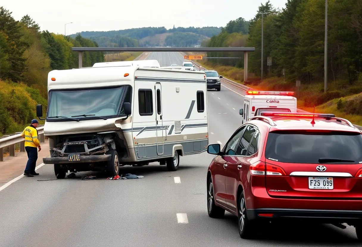 Accident scene with a camper and damaged vehicle on a highway