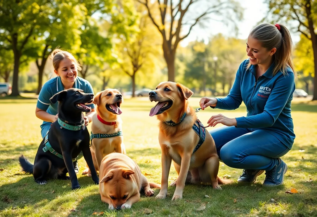 Service dogs interacting with their puppy raisers in a park