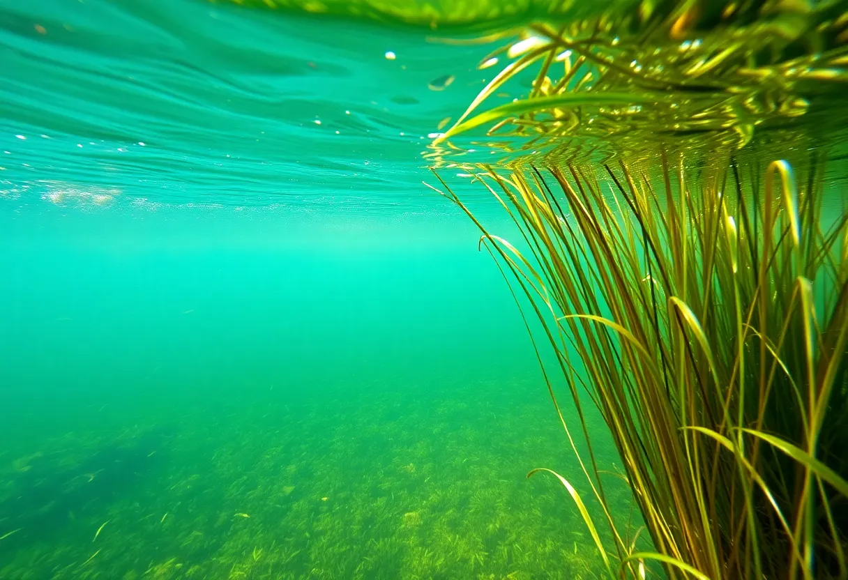 Underwater view of Chesapeake Bay with diverse aquatic vegetation