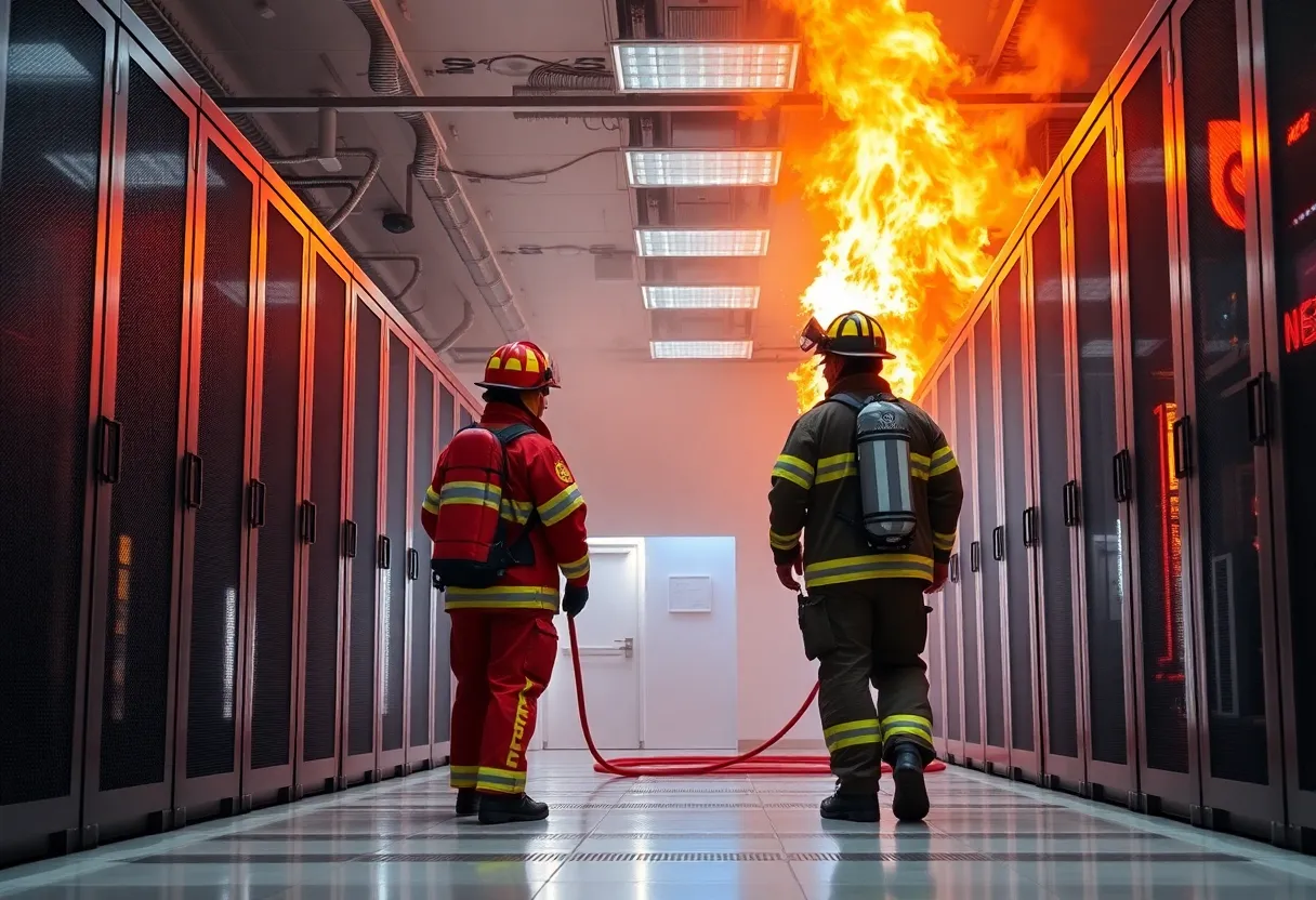 Firefighters responding to a fire at a data center