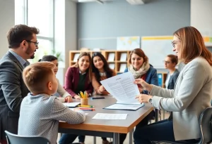 Leaders discussing education contract details in a meeting room