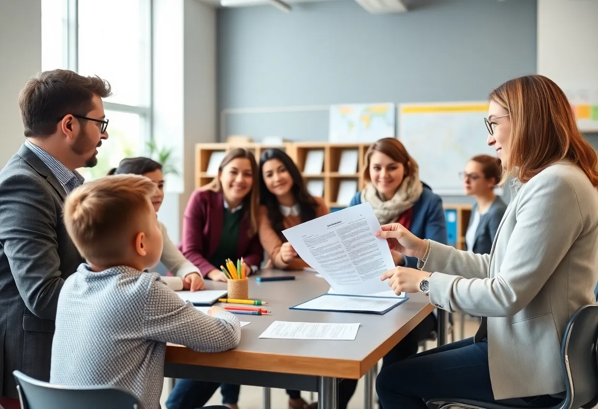 Leaders discussing education contract details in a meeting room