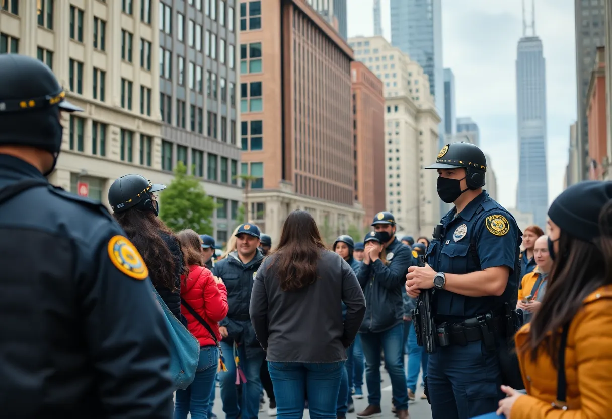 Local law enforcement engaging with community members in a city setting