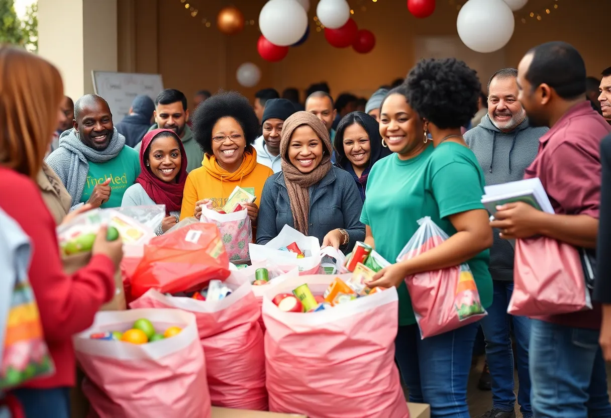 Volunteers at a community food drive collecting food donations