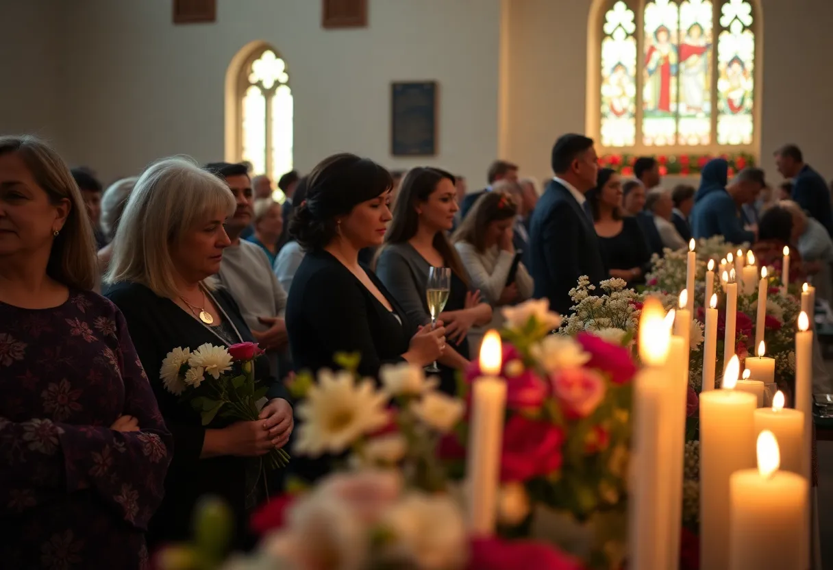 Community members gather to remember a beloved leader in a church setting with flowers and candles.
