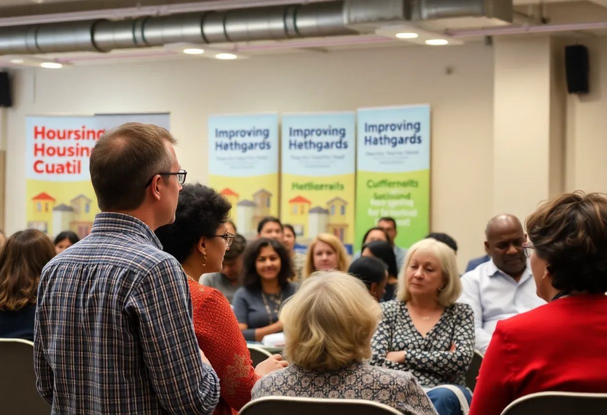 Attendees discussing the Rent Ready Williamsburg initiative at a public meeting.