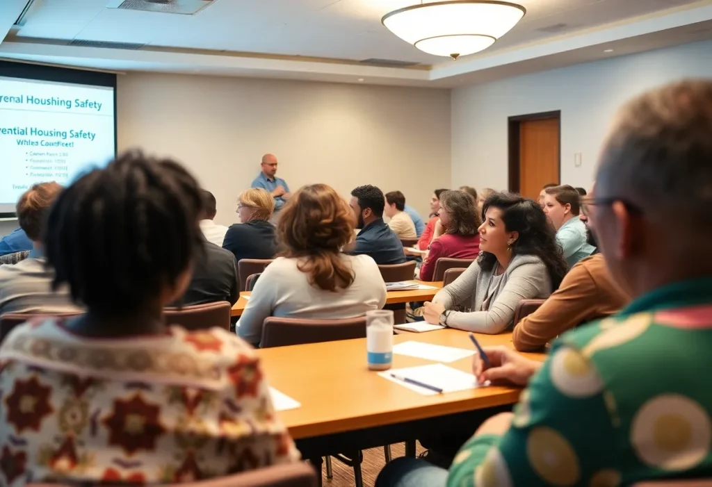Participants at a community meeting discussing rental safety in Williamsburg