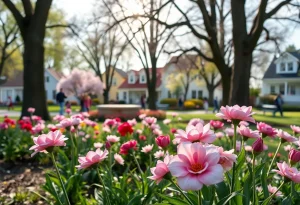 A peaceful community park with flowers representing remembrance.