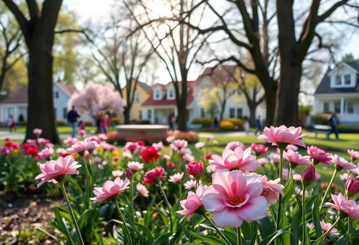 A peaceful community park with flowers representing remembrance.