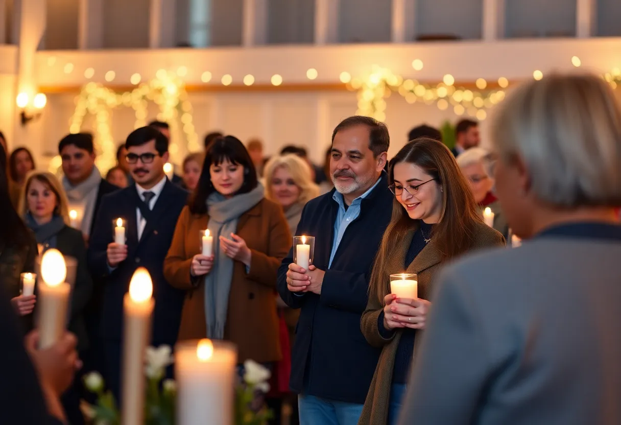 Community members gathered together in memory of Andrew Rutherford, holding candles.