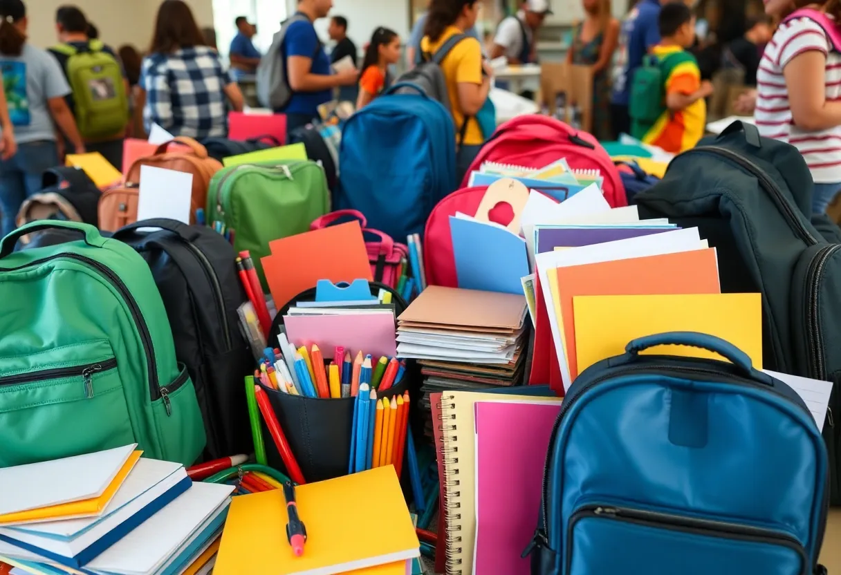 Community members gathering school supplies for local students