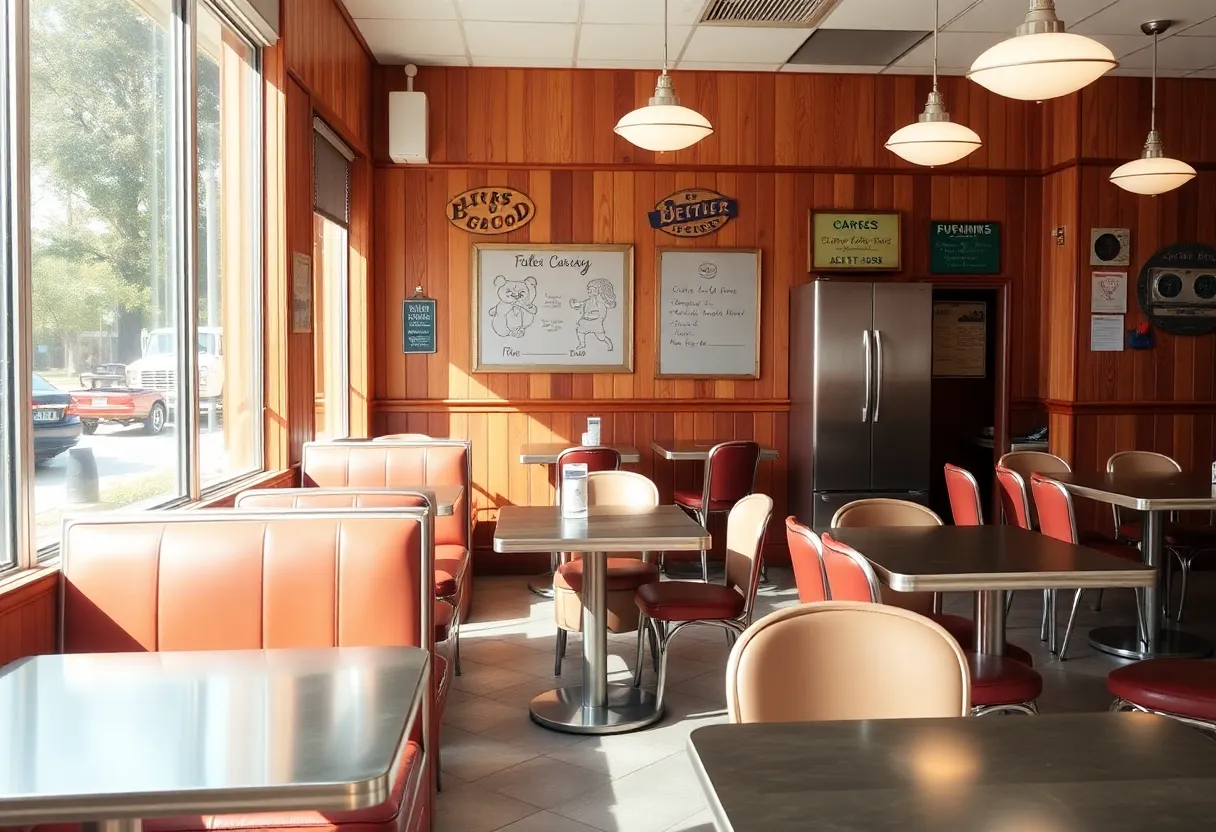 Interior of Cook's Burger Bar showcasing retro diner-style decor
