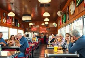 Interior view of Cook's Burger Bar showcasing retro design and diners enjoying food.