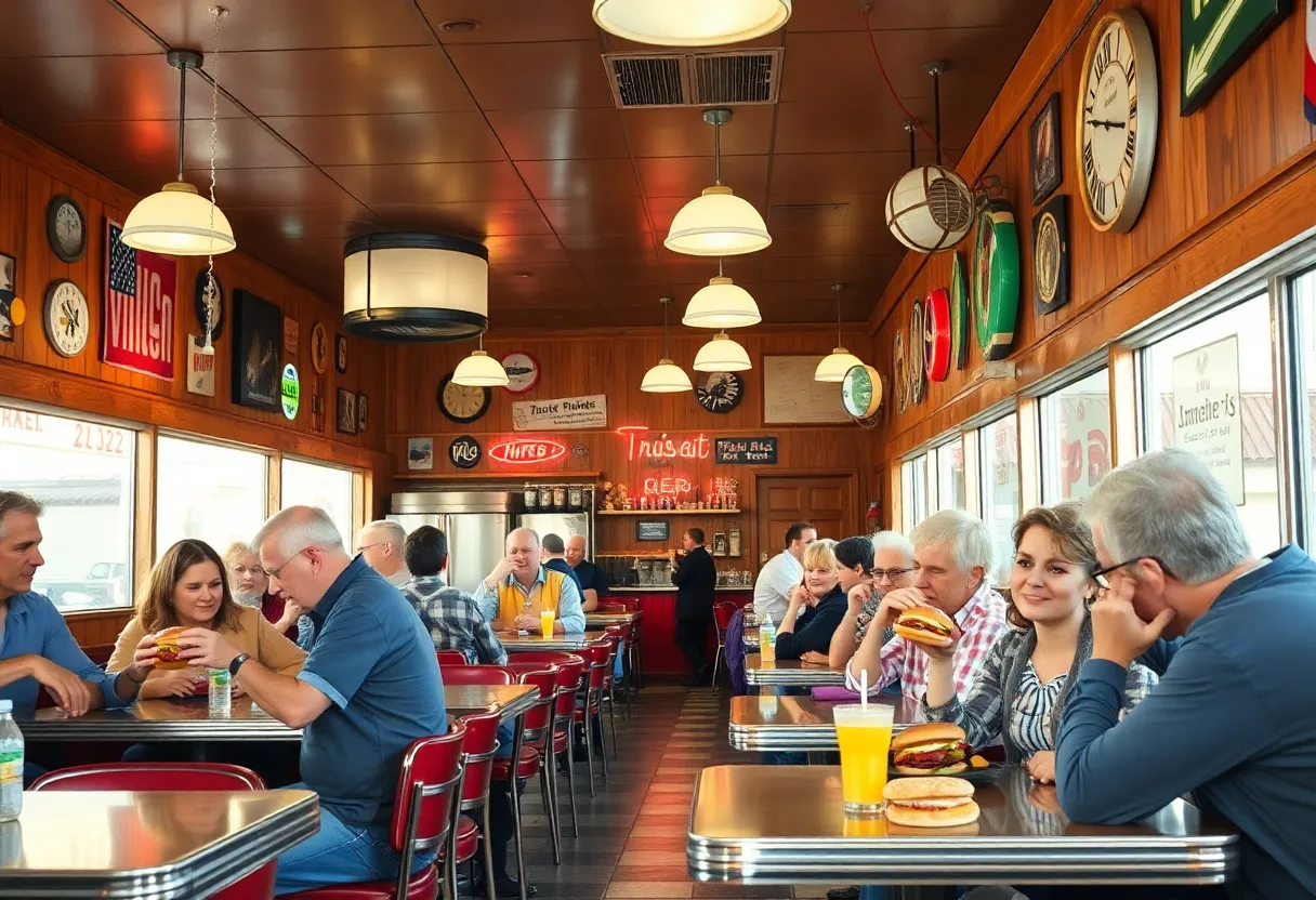 Interior view of Cook's Burger Bar showcasing retro design and diners enjoying food.