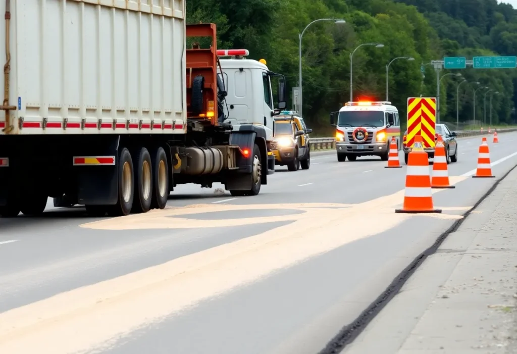 Dump truck overturned with sand spilled on Broadwater Road