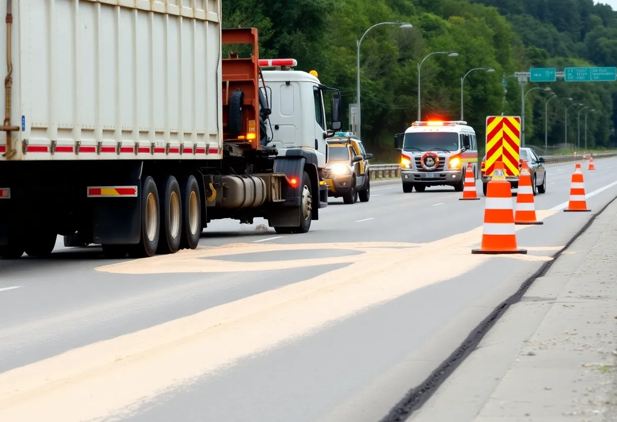 Dump truck overturned with sand spilled on Broadwater Road