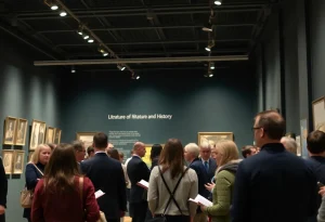 Event scene with participants discussing literature at a museum