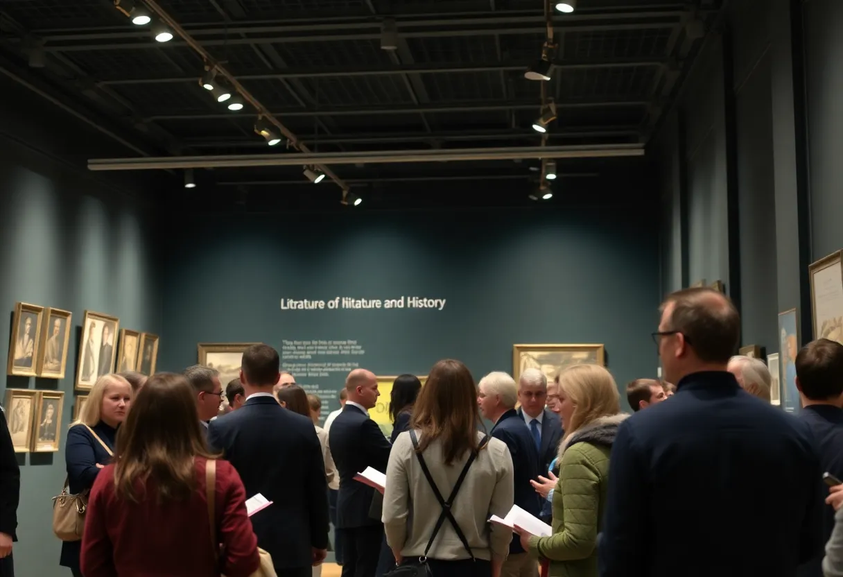 Event scene with participants discussing literature at a museum