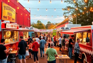 Diverse food trucks serving various cuisines at a festival in the Historic Triangle