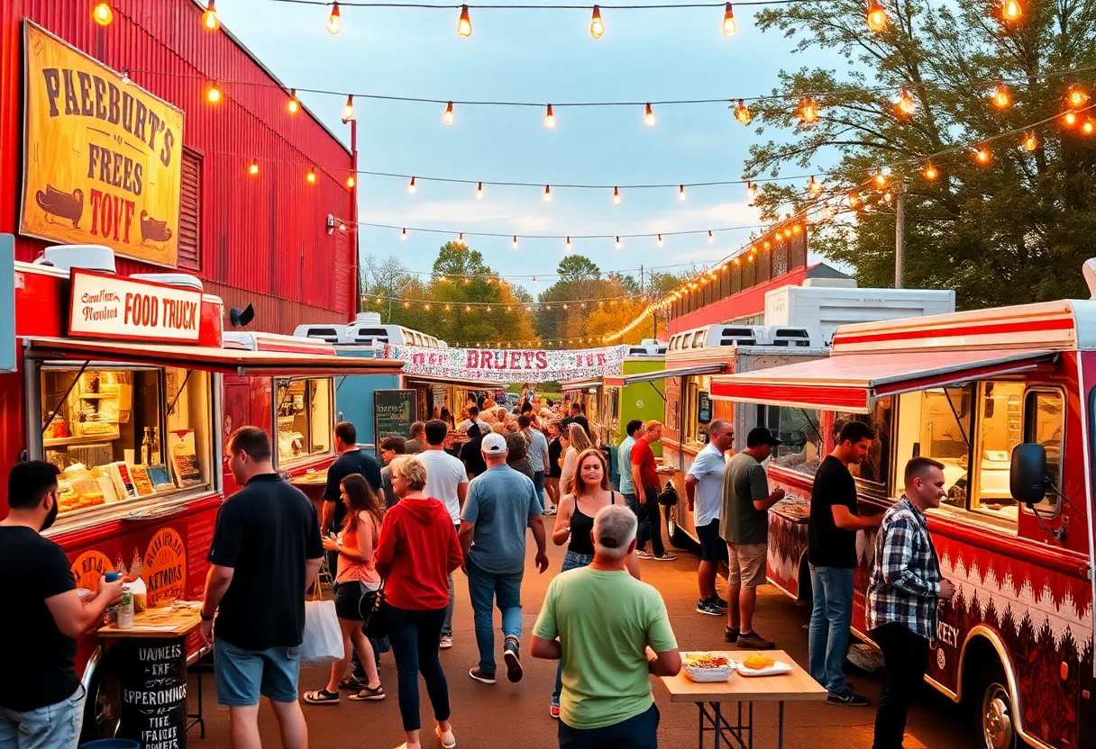 Diverse food trucks serving various cuisines at a festival in the Historic Triangle