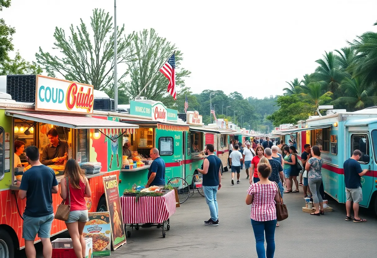 Food trucks serving a variety of dishes at a festival.