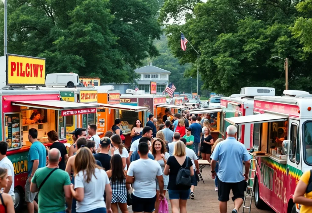 A colorful food trucks festival with people enjoying food in Historic Triangle.