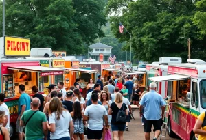 A colorful food trucks festival with people enjoying food in Historic Triangle.
