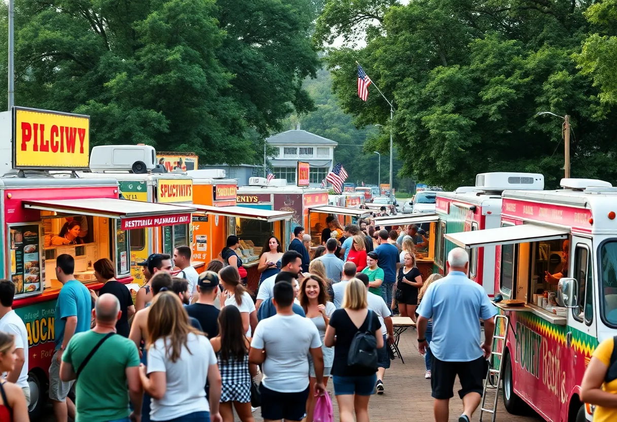 A colorful food trucks festival with people enjoying food in Historic Triangle.