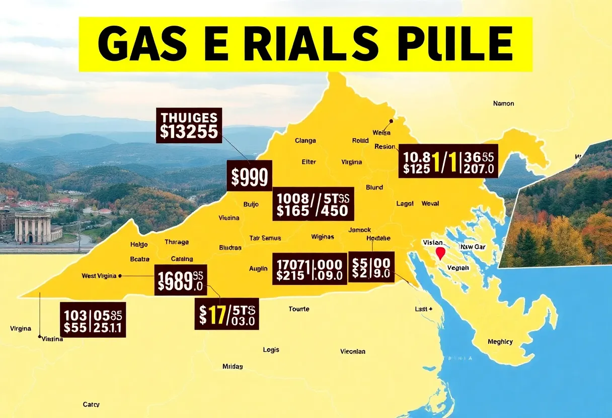 Map of Virginia and West Virginia showing gas prices.