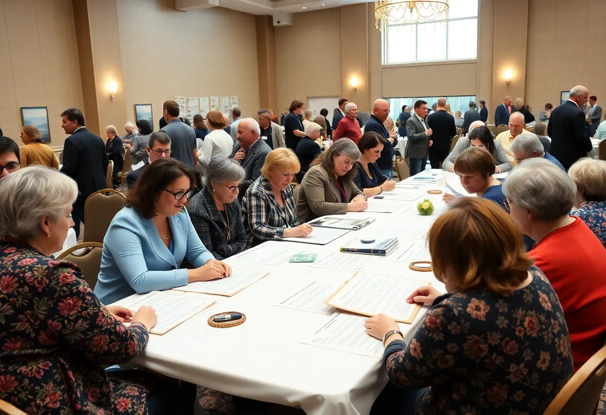People participating in a genealogy conference, discussing family history research.