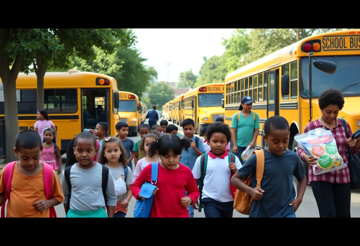 Children walking to school in Historic Triangle, Virginia, with a school bus nearby.