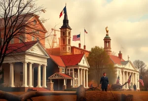 Artistic representation of Williamsburg, Virginia with Revolutionary War elements