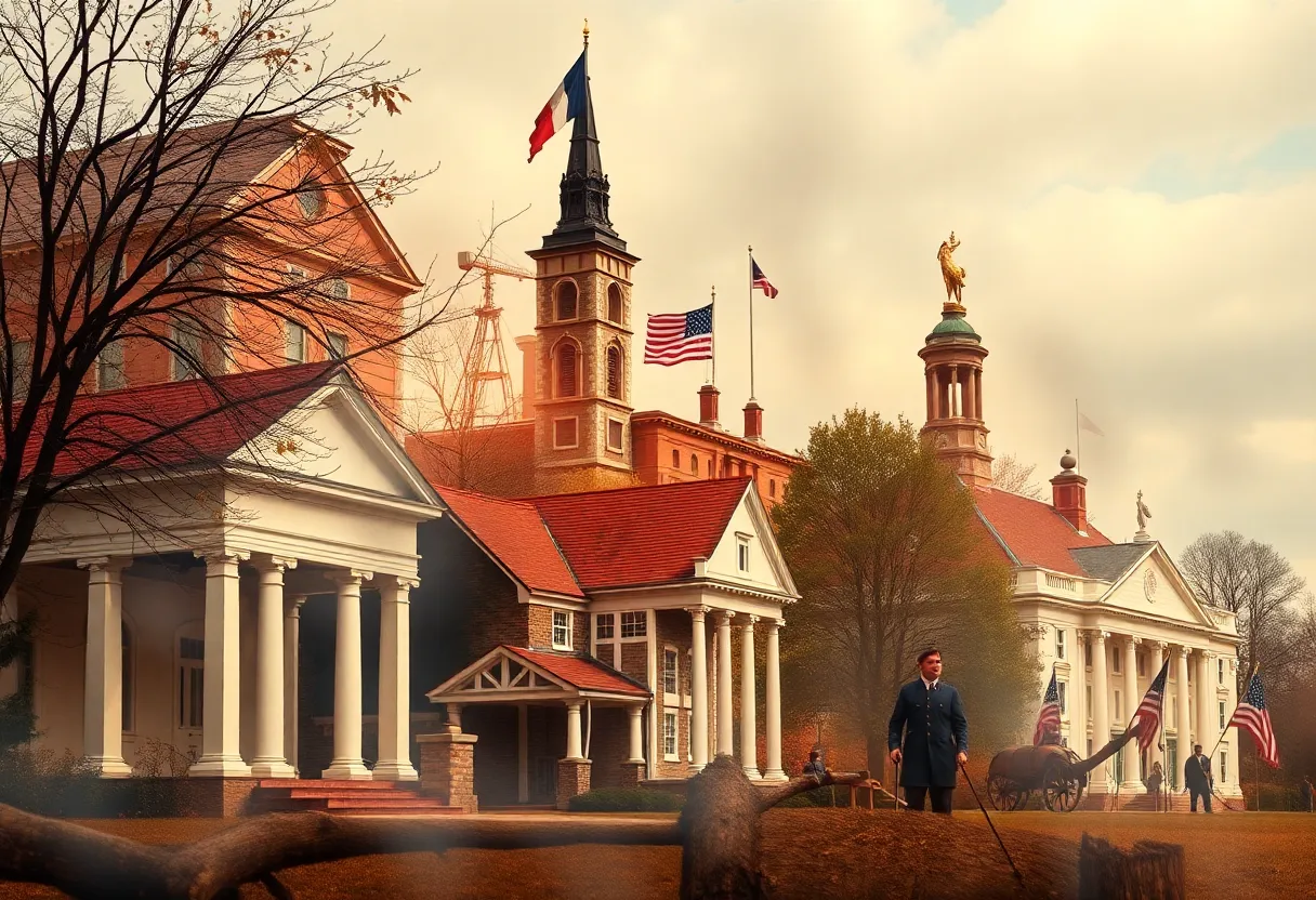 Artistic representation of Williamsburg, Virginia with Revolutionary War elements