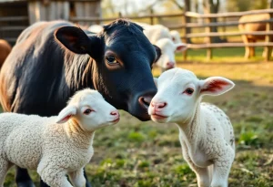 A lamb resting with a blind dwarf cow at a sanctuary.
