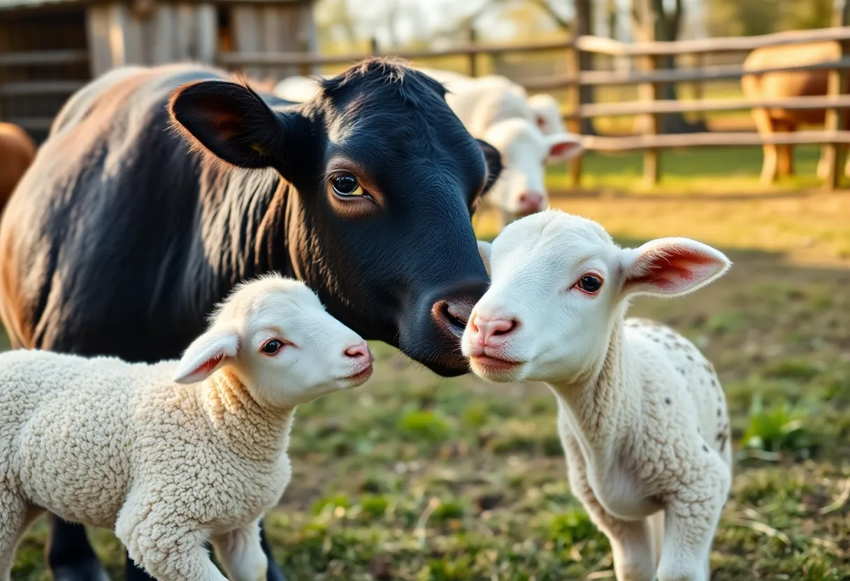 A lamb resting with a blind dwarf cow at a sanctuary.