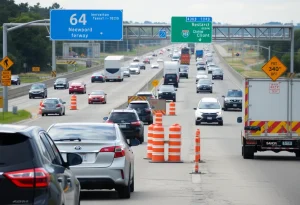 View of Interstate 64 traffic with construction signs