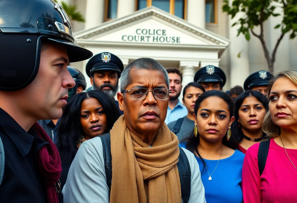 People gathered outside a courthouse expressing concerns over ICE arrests in Virginia.