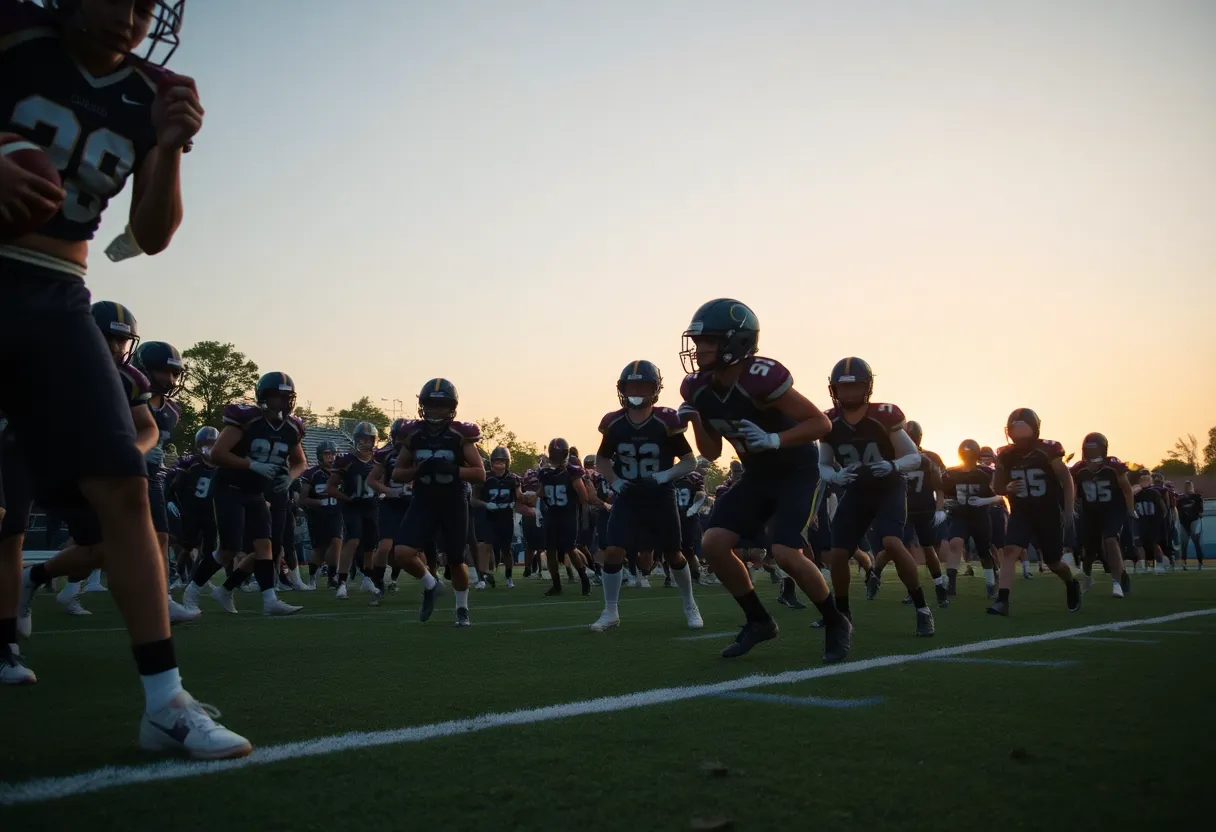 Jamestown High School football team practicing on field