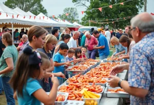 Families enjoying shrimp feast at Williamsburg