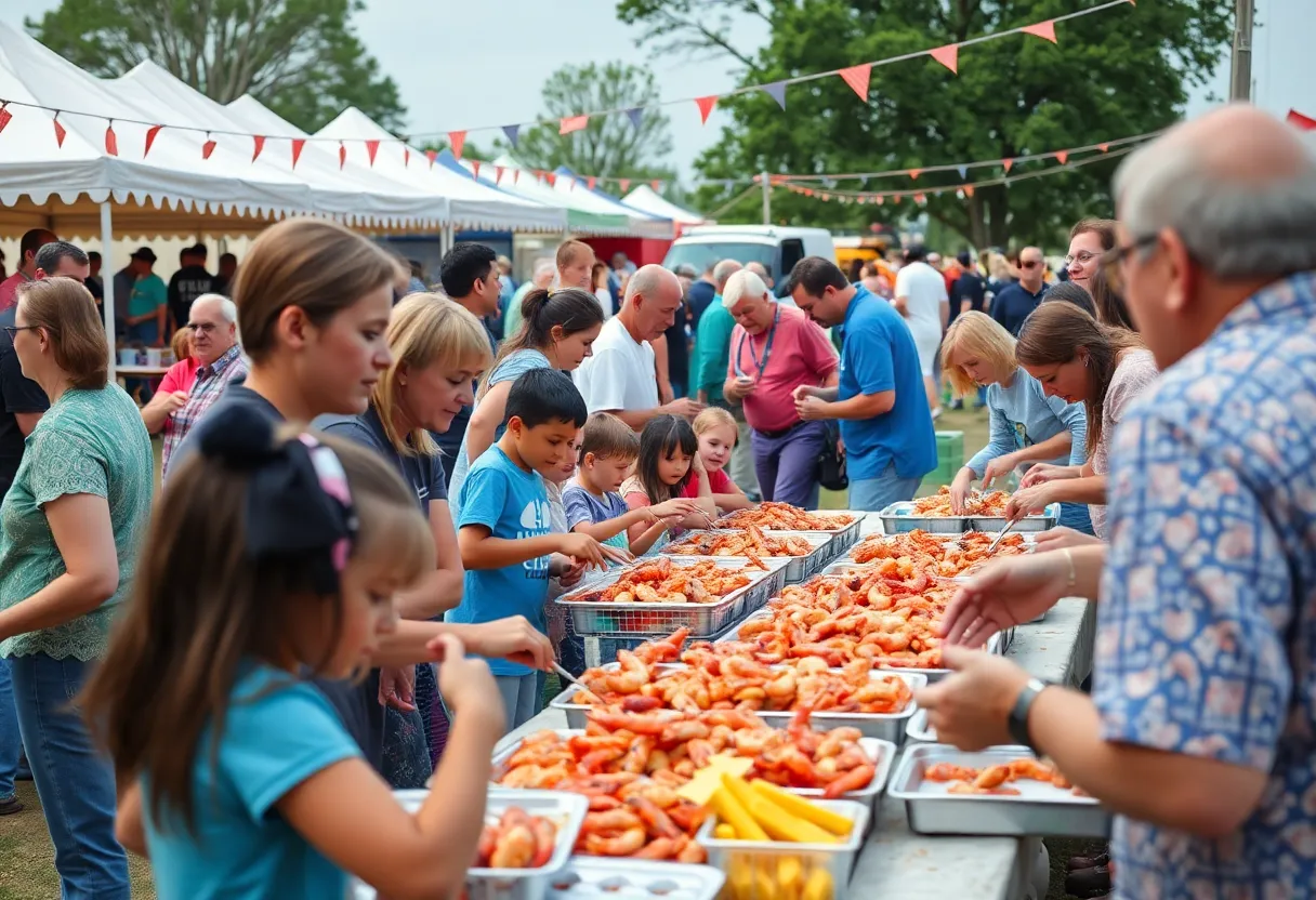 Families enjoying shrimp feast at Williamsburg