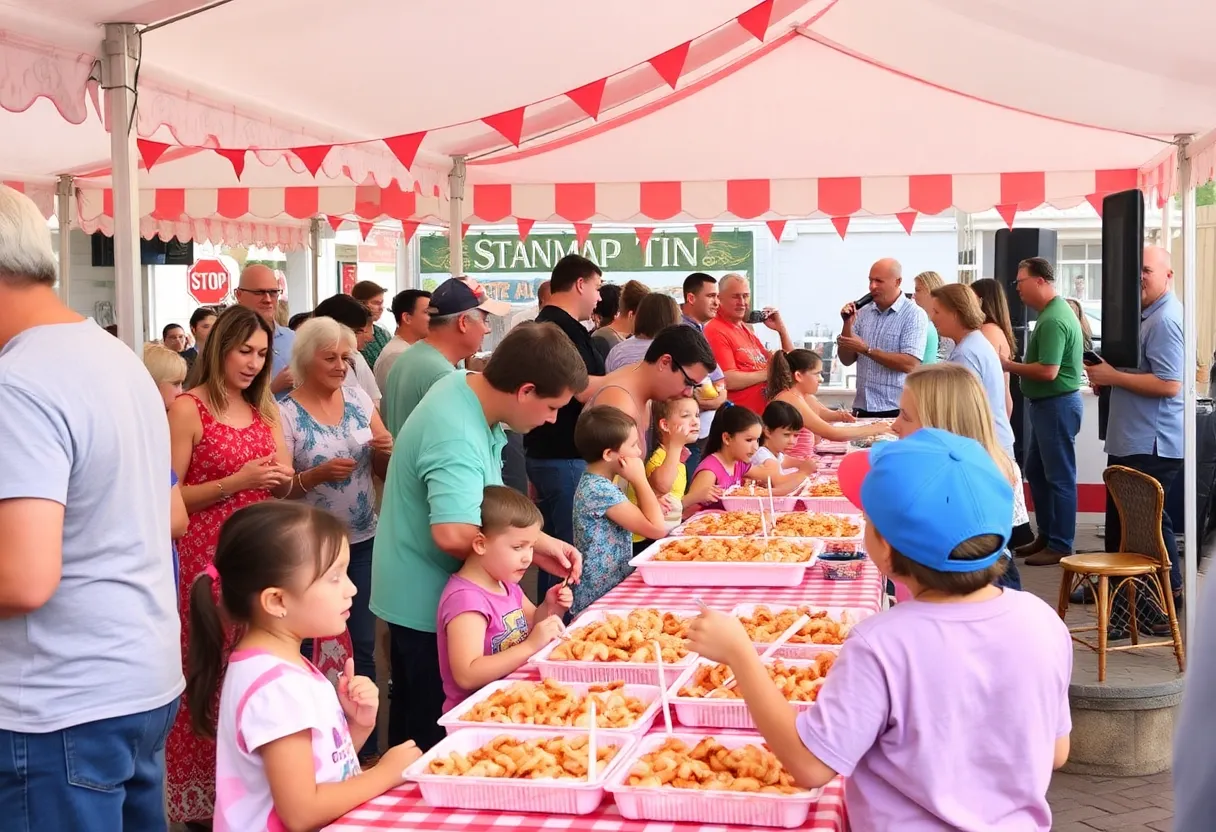 Families enjoying the Kiwanis Shrimp Feast with shrimp, hush puppies, and games for children.