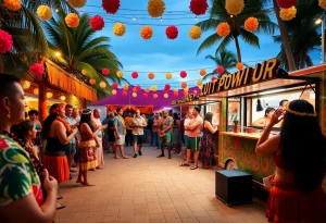 A vibrant scene from the Luau and Lagers event showcasing Polynesian culture with dancers and food trucks.