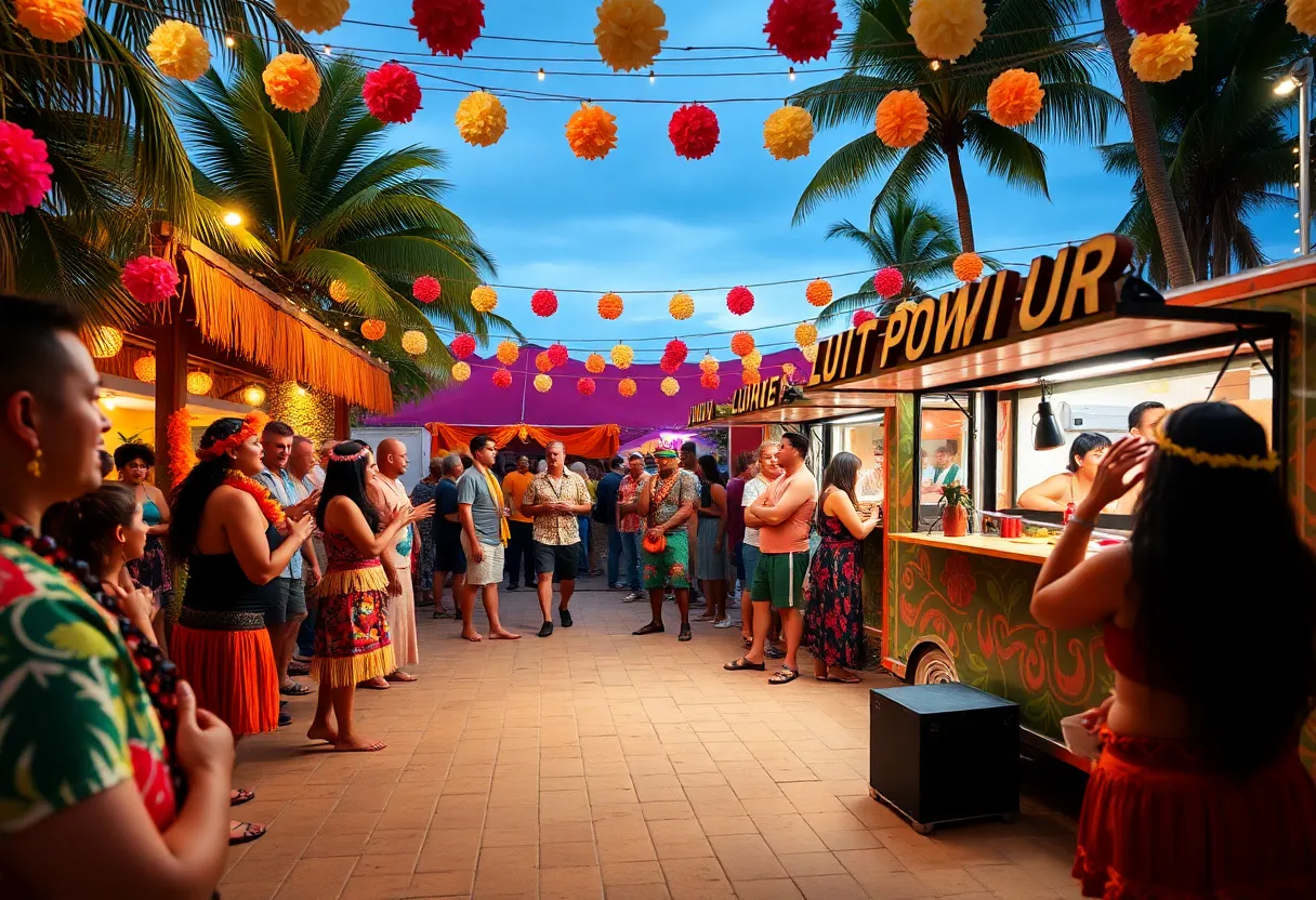 A vibrant scene from the Luau and Lagers event showcasing Polynesian culture with dancers and food trucks.