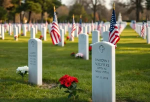Cedar Grove Cemetery memorial service with flags and flowers